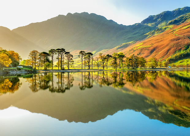 Trees stand still, reflected in a calm lake, with sunlit mountains and vibrant foliage in the background. The clear, serene water mirrors the colorful landscape, creating a peaceful atmosphere.